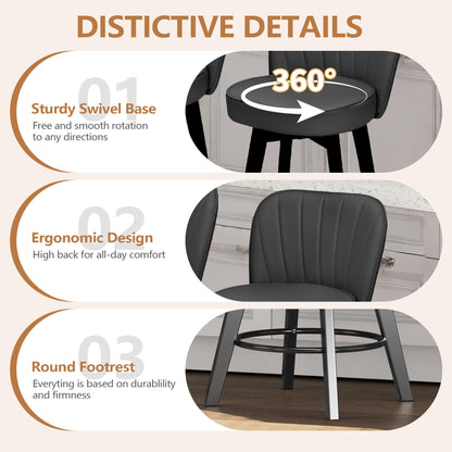 MINCETA 360° Swivel Bar Stools Set of 4, 26 Inch Counter Height Bar Stool with Shell Backrest, PU Leather Upholstered Bar Chair with with Footrest, for Kitchen Island, Home Bar, Dark Gray
