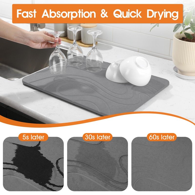 Snuggery Large Stone Drying Mat for Kitchen Counter - 24"x16" Dirt-Resistant Quick Drying Fast Absorbent Non-Slip Diatomite Mat, Natural Diatomaceous Earth Dish Drying Pad for Dish Rack(Dark Grey)