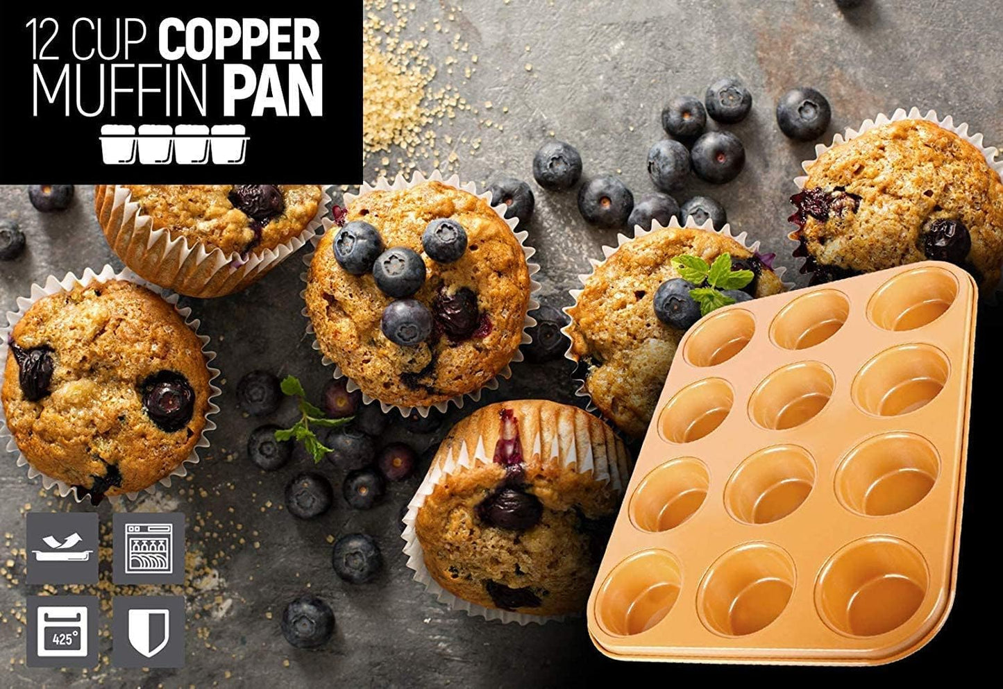 Copper Professional Healthy 12 Cup Cake and Muffins Baking Pan Sheet, Oven and Dishwasher Safe
