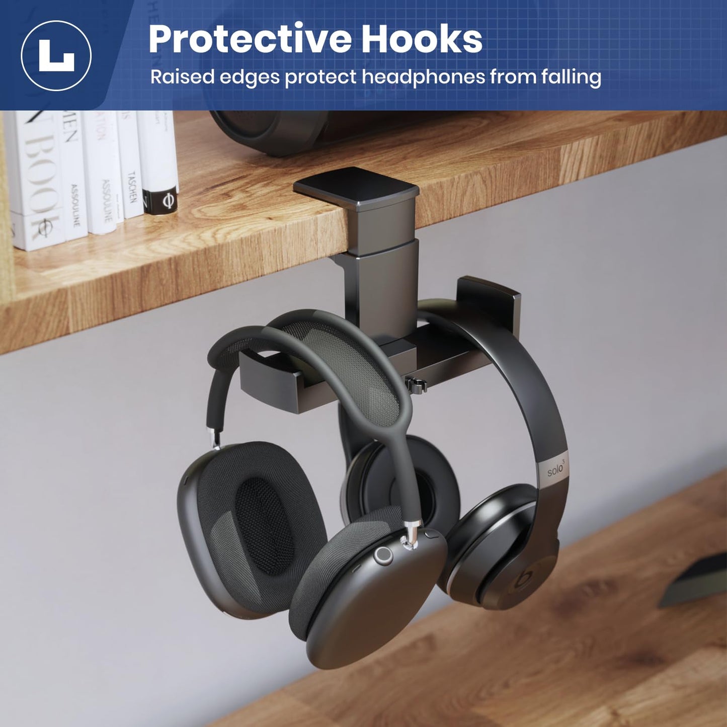 Dual Headphone Stand Holder - EURPMASK 2 in 1 PC Gaming Headset Hooks, 360 Degree Rotating Headphone Hanger with Adjustable Clamp & Cable Clip Organizer, Headset Mount Under Desk Earphone Clamp-Black