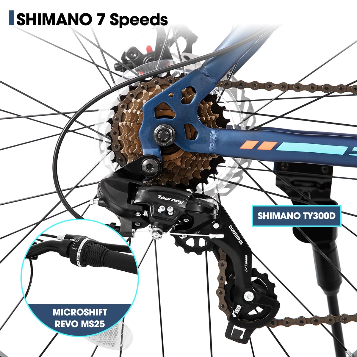 HH HILAND 26 Inch Kids' Bicycles Fat Tire Mountain Bike for Boys and Girls, 7-Speed, Dual-Disc Brake, Kids Beach and Snow Bicycle Blue