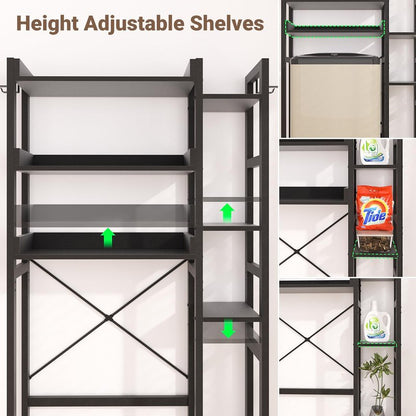 Besiost Over The Toilet Storage with 2 Drawers - 7 Tier Bathroom Organizer with Adjustable Shelf, Freestanding Space Saver Storage Rack Above Toilet Stand with 4 Hooks for Restroom, Laundry, Black