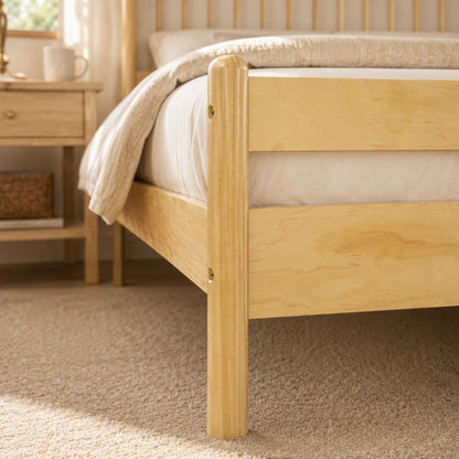 KEIKI Queen Size Bedframe with Headboard and Footboard, Pinewood Bed with Strengthened Bed Frame for Living Room, Bed Room, Natural