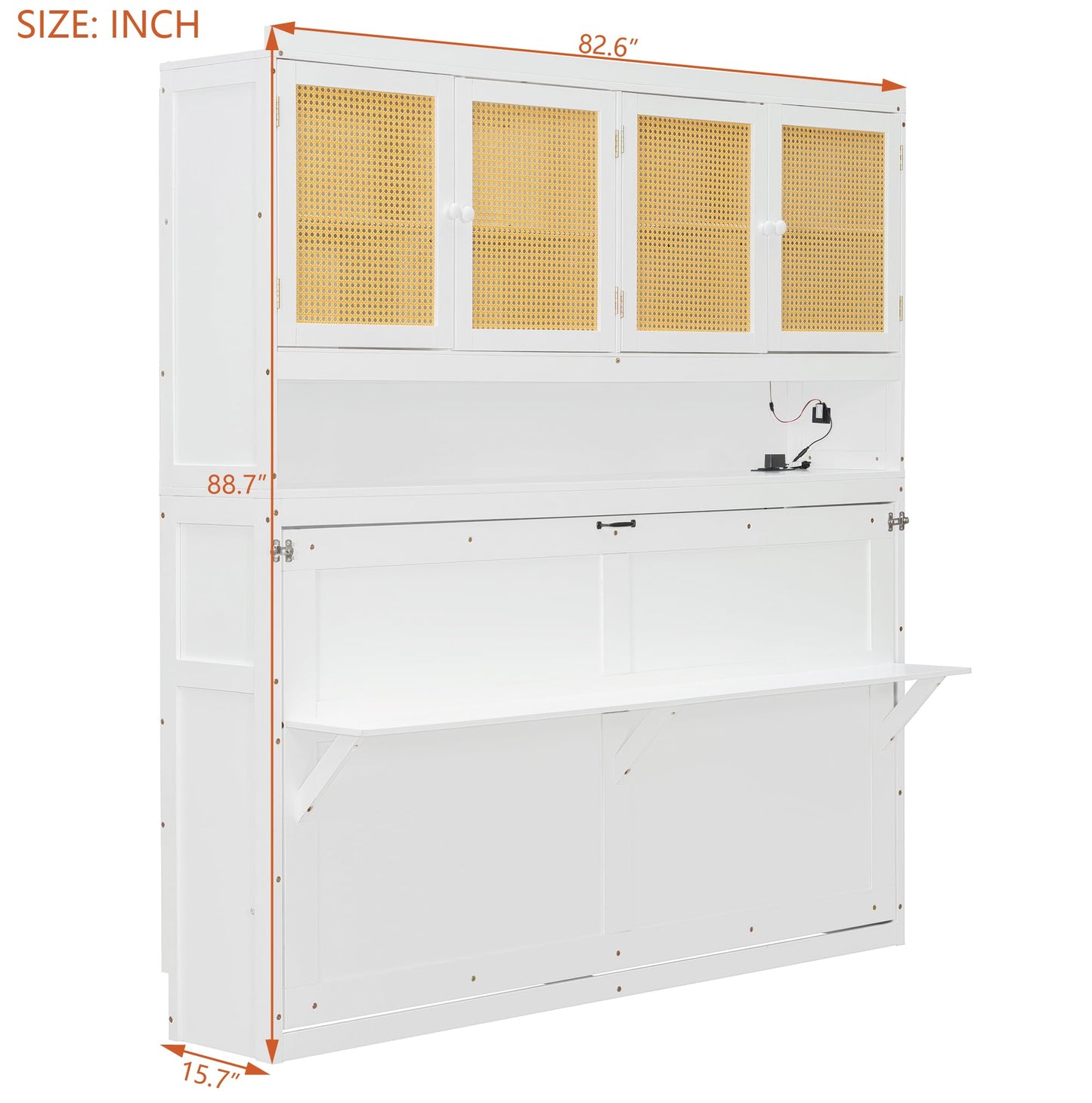 DNYN Murphy Bed Frame with Top Cabinet and LED for Bedroom/Guest/Study Room, Twin Size Wooden Foldable Wall Bed with USB Ports, Space-Saving Design & No Box Spring Needed
