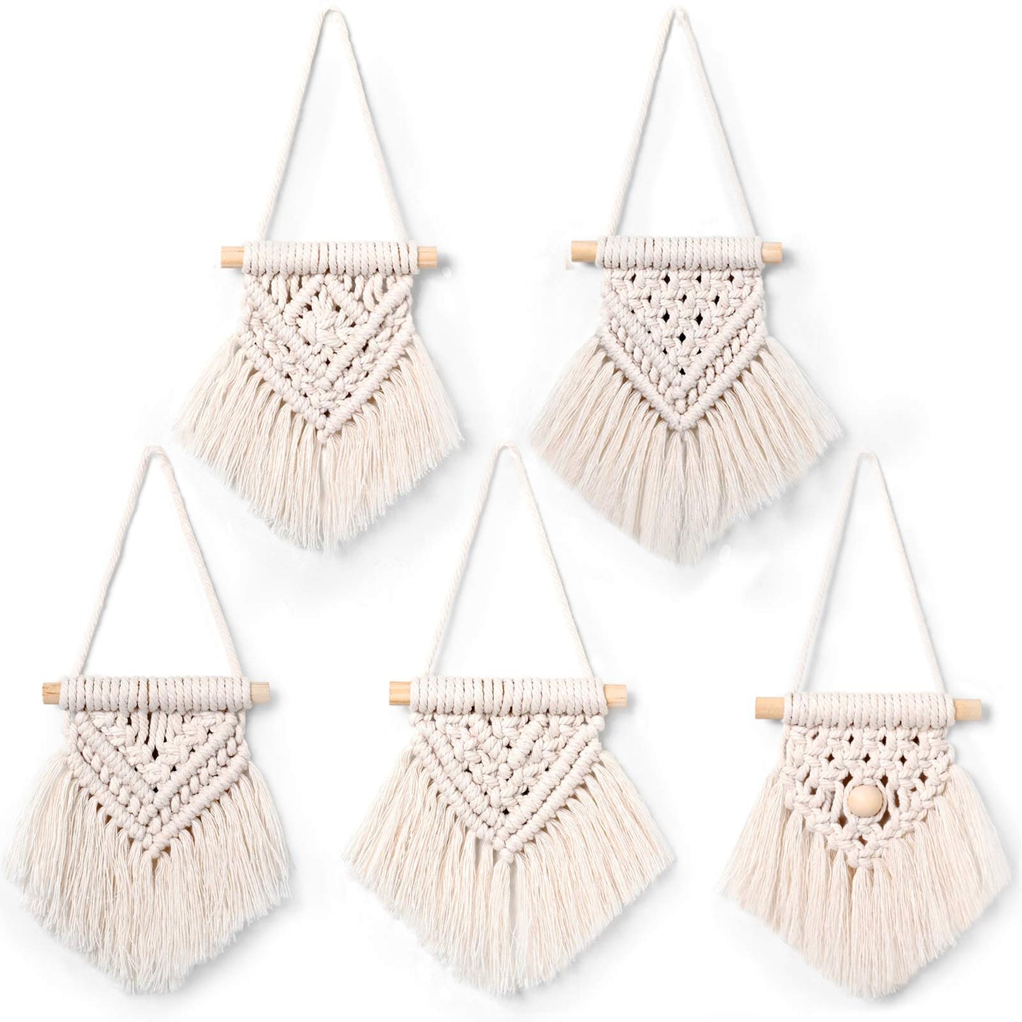 WILLBOND 5 Pcs Mini Macrame Wall Hanging Decor Boho Summer Handmade Woven Tapestry Tassel Wall Hanging Ornaments Christmas Tree Ornaments for Apartment Room Home Office Summer Christmas Decoration