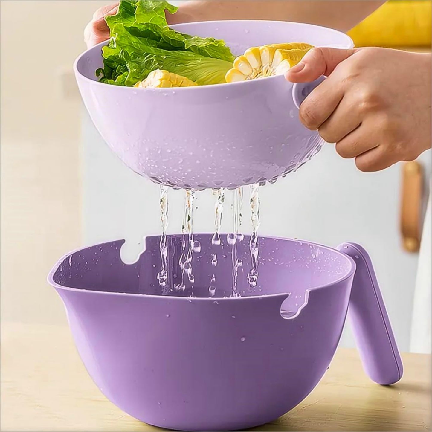 Elite Aiwei 2-1 Kitchen Colander Rotating Washing Basket with Handle -home & kitchen Food Strainers and Colanders-Pasta Strainer-fruit and vegetable washing bowl-kitchen must haves (Lilac Purple)