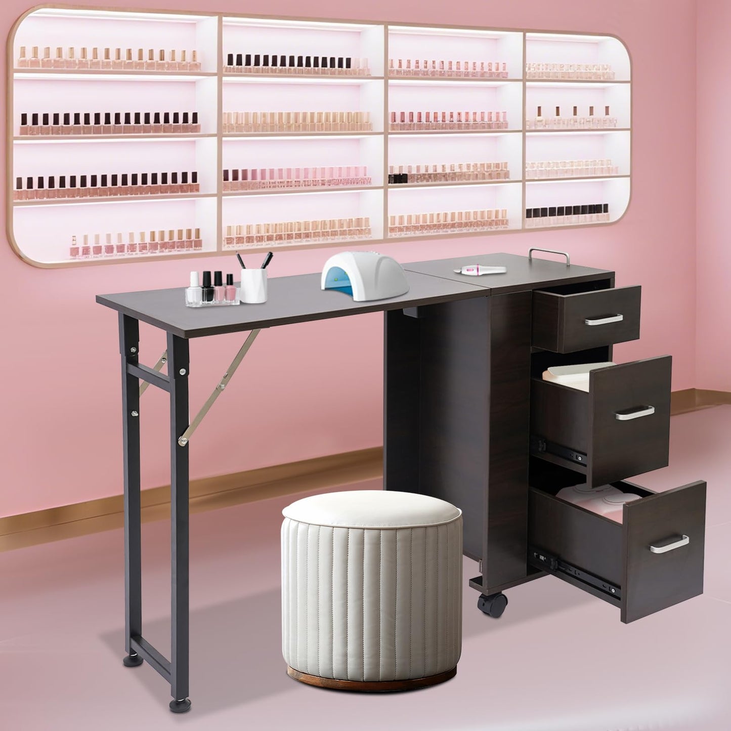 TREMENPOW Foldable Manicure Table, Single Station Nail Desk, Manicure Table with 3 Drawers & Wheels, 220lb Capacity, for Nail Salons, Beauty Spa, Home Office, Writing or Computer Desk