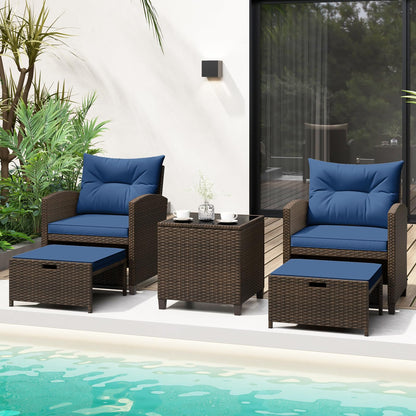 Tangkula 5 Pieces Patio Conversation Set, PE Wicker Rattan Outdoor Furniture Set with 2 Chairs, 2 Ottomans & Tempered Glass Coffee Table, Ideal for Poolside, Backyard, Lawn, Deck, Mix Brown & Navy