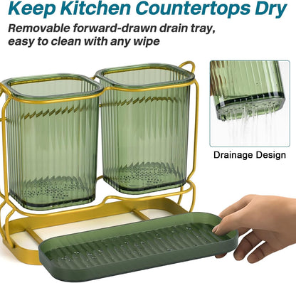 Utensil Holder for Kitchen Countertop, Plastic Organizer with Drain Tray, Wall Mounted Large Crock for Spatula Spoon