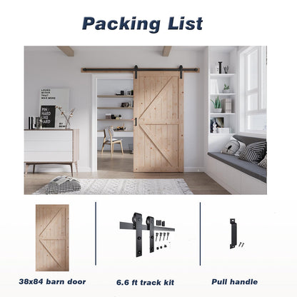 FREDBECK 38in x 84in Sliding Barn Door with 6.6FT Barn Door Hardware Kit Included Wood K Shape Solid Spruce Panel Need to Assembly