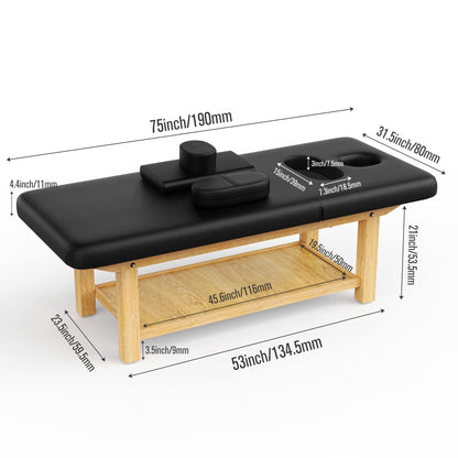 Wood Wide Stationary Massage Table for Treatment Table Physical Therapy Table Spa Facial Bed, PU Leather 31.5'' Wide 75'' Long Heavy Duty Professional Stationary Massage Bed - Black, 4-Legged