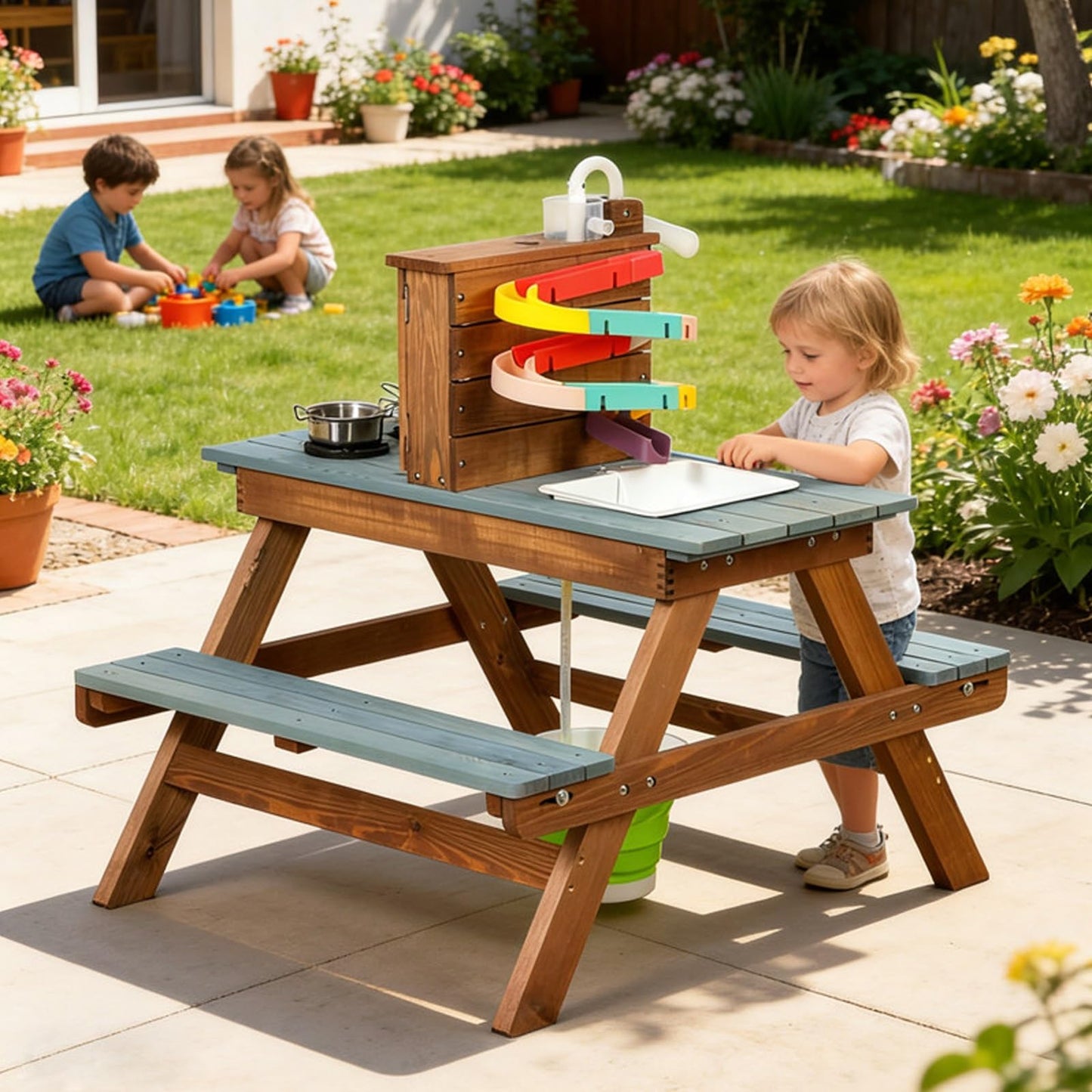 Kids Wooden Picnic Table with Water Table & Play Kitchen, 2-in-1 Outdoor Sand & Water Table with Ramp, Toddler Picnic Table for Backyard, Patio, Garden