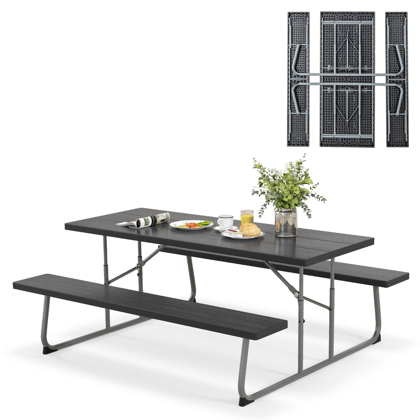 Tangkula 6 Ft Folding Picnic Table, Outdoor 8 Person Large Picnic Table Set with 2 Built-in Benches, Umbrella Hole, Metal Frame & HDPE Tabletop for Garden, Backyard (Black)