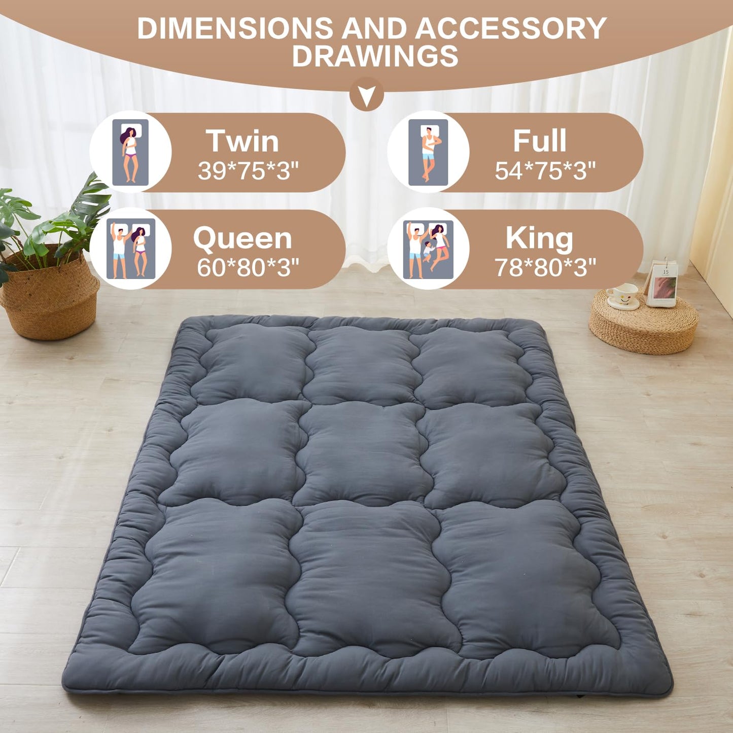SAPHREAS Japanese Futon Mattress Floor Mattress Twin, Foldable Roll Up Bed Mattress Topper with Elastic Straps, Tatami Mat Sleeping Pad for Camping, Grey