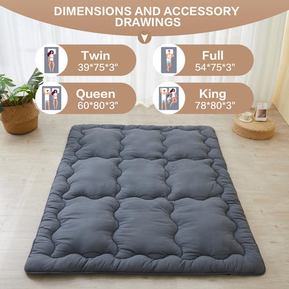 SAPHREAS Japanese Futon Mattress Floor Mattress Twin, Foldable Roll Up Bed Mattress Topper with Elastic Straps, Tatami Mat Sleeping Pad for Camping, Grey