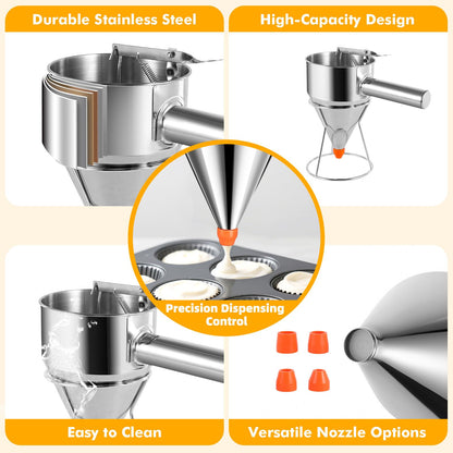 Babcarriery Pancake Batter Dispenser 40 OZ - Funnel Cake Dispenser With Stand, Stainless Steel, Leak-Proof Nozzle & Squeeze Handle, Precise Control, for Pancakes, Waffles, Cupcakes & Baked Goods