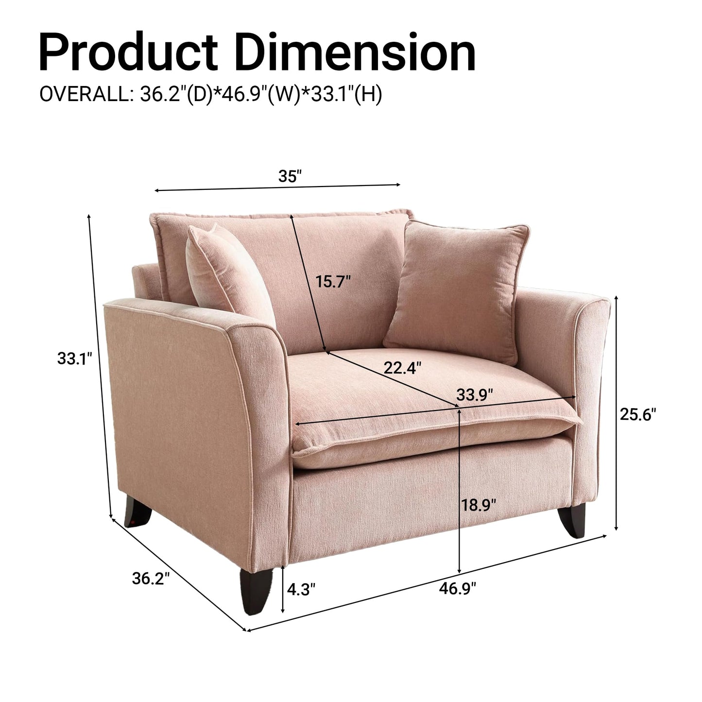 ERYE 46.9" Chenille Upholstered Accent Chair Wide Seat for Living Room Bedroom, Modern Leisure Cushion Armchair W/ 2 Pillows and Removable Cover for Home Apartment Office