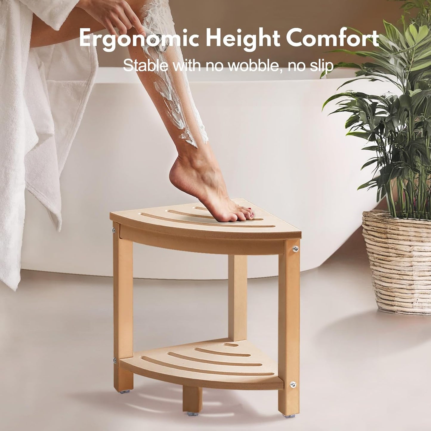 Corner Shower Stool for Inside Shower, HDPE Outdoor Side Table with 2-Tier Storage, Non-Slip Feet, White