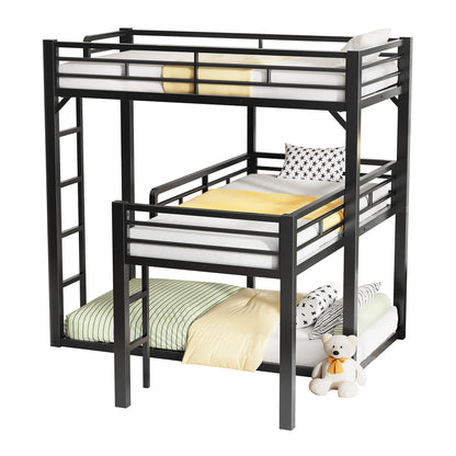 PVWIIK Heavy Duty L-Shaped Triple Bunk Bed for Kids Bedroom,Twin Over Twin Over Twin Metal Bunkbeds with Ladder & Safety Guardrail,Easy Assembly Metal Bed Frame, Black