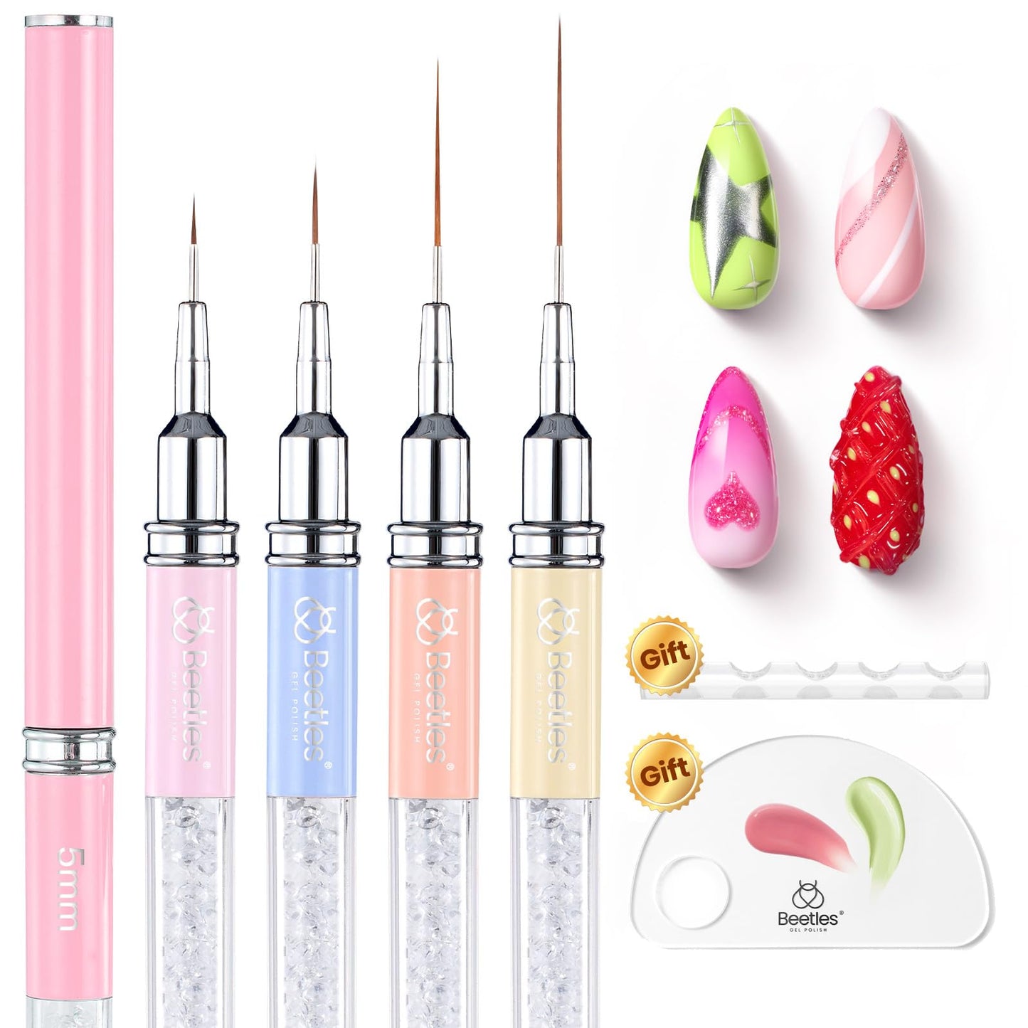 Beetles Nail Art Brushes 8pcs – Crystal Nail Art Tools 5pcs Double-headed Nails Dotting Tool, 3pcs Striping Liner Brushes for Nails with Pearls Bowknot Stickers, DIY Home Salon Manicure Design Tools