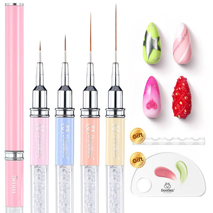 Beetles Nail Art Brushes 8pcs – Crystal Nail Art Tools 5pcs Double-headed Nails Dotting Tool, 3pcs Striping Liner Brushes for Nails with Pearls Bowknot Stickers, DIY Home Salon Manicure Design Tools