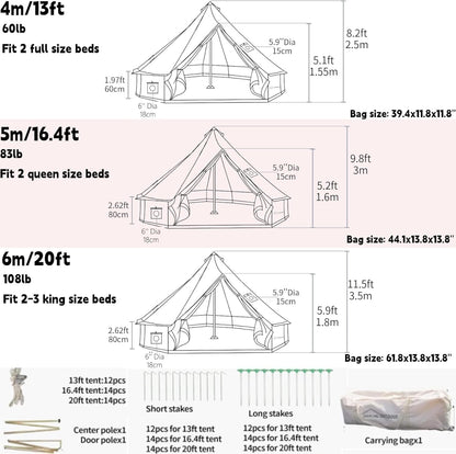 DANCHEL OUTDOOR 4 Season Canvas Yurt Tent with Large Wood Stove, Heavy Duty Bell Tent with Stove Jack 8 Person Winter Camping Glamping, 6m/20ft