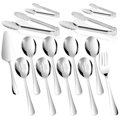 14PCS Serving Utensils - Hostess Serving Utensils Set, Premium Stainless Steel 8.7 inch Serving Utensils, Slotted Spoons, Fork, Tongs, Cake Pie Server for Buffet, Wedding, Dinner (Silver)