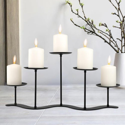 Black Iron Candelabra Candle Holder - Elegant 5 Arm Metal Centerpiece for Pillar Candles