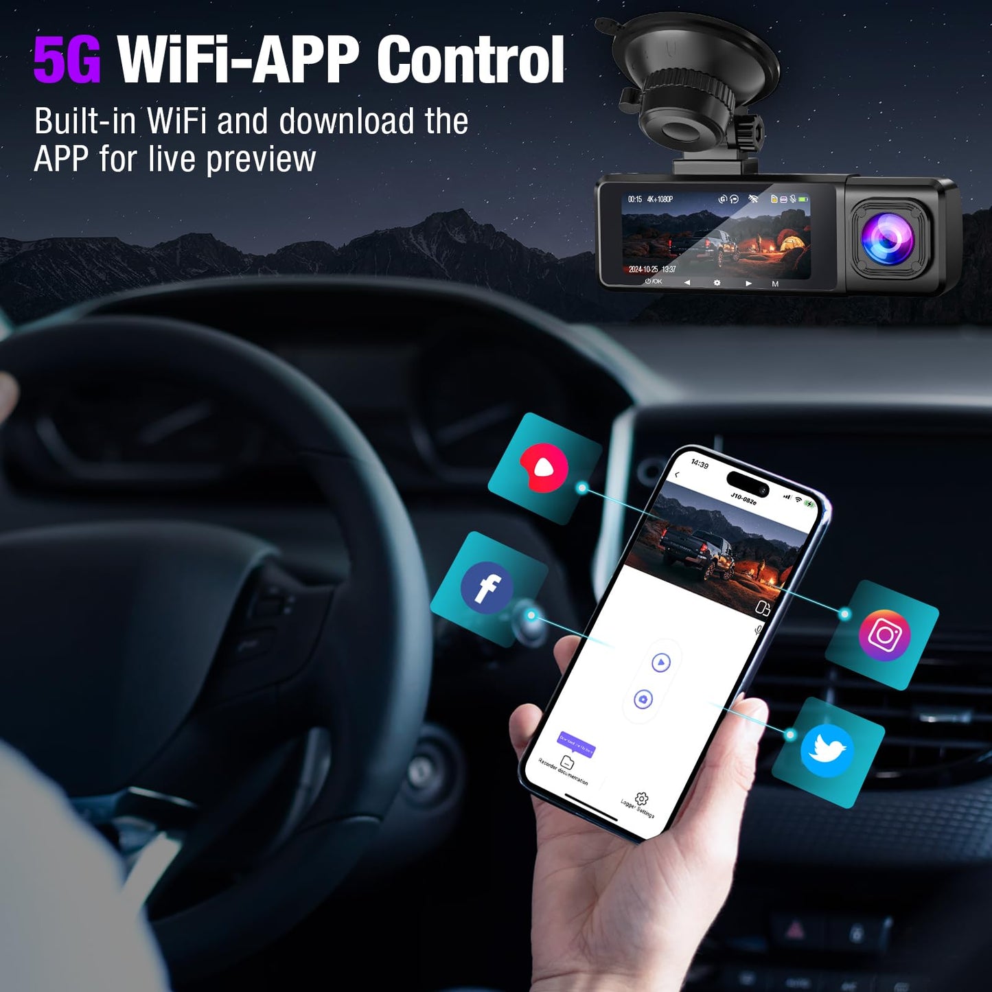 3 Channel 4K Dash Cam with 5GHz WiFi & APP Control, 4K/2.5K+1080P+1080P Front Inside and Rear, Triple Dash Camera with 64GB Card, G-Sensor, 24 Hours Parking Mode, Loop Recording, Night Vision