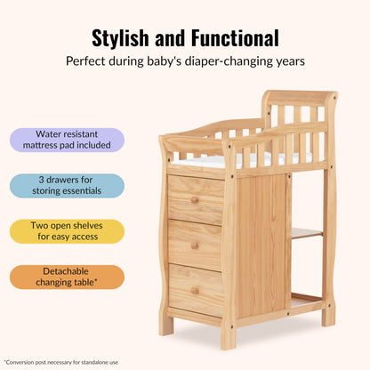 Dream On Me Jayden 4‑in‑1 Mini Convertible Baby Crib & Changer with Storage in Natural, Pinewood, GreenGuard Gold & BSA, 1” Mattress Pad, 3 Mattress Heights, Converts to Mini Day & Twin-Size Bed