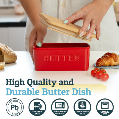 PriorityChef Extra Large Butter Dish with Lid for Countertop, Ceramic Butter Container With Airtight Cover, Butter Keeper for Counter or Fridge, Butter Holder Storage, Red