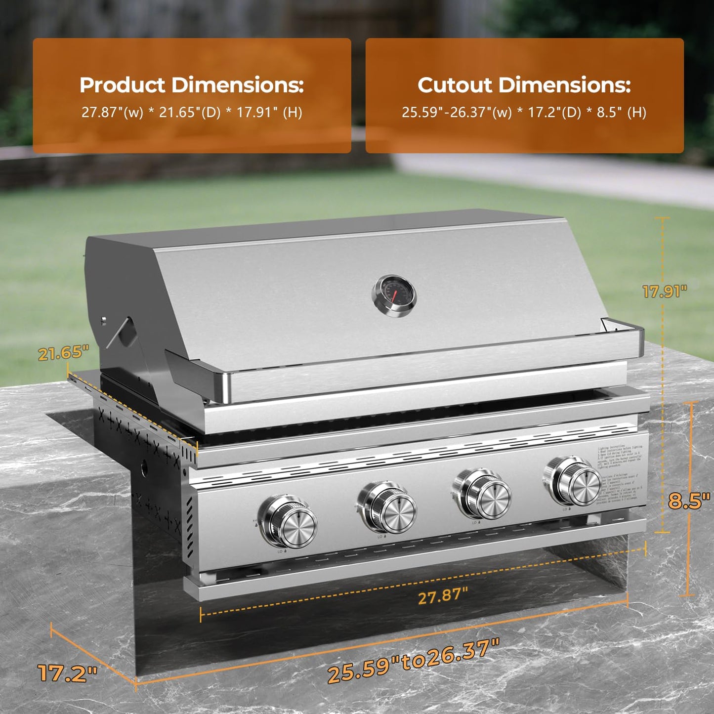 Premium Built In 4 Burner Propane Gas Grill, ALL-Thickened 304 Stainless Steel, 32,000 BTU with 516sq.in. Cooking Space, Baking Tray & Grates,for Patio Backyard Parties Barbecue