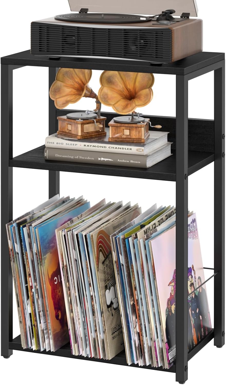 3-Tier 120 Albums, LELELINKY Record Player Stand, End Side Table with Vinyl Record Storage, Vinyl Record Holder Up