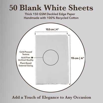 Wanderings Handmade White Deckle Edge Blank Paper - 4" x 6" - Pack of 50 - Watercolor/Mixed Media Paper - Save the Date Invitations Greeting Cards Notes DIY Arts Crafts - Thick 150 GSM
