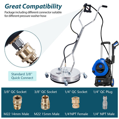 24" Stainless Steel Surface Cleaner for Pressure Washer, 4000 PSI Max Power Washer Attachment with Dual Rotating Nozzles, 4 Wheels, Adjustable Handle for Driveway, Patio, Sidewalk