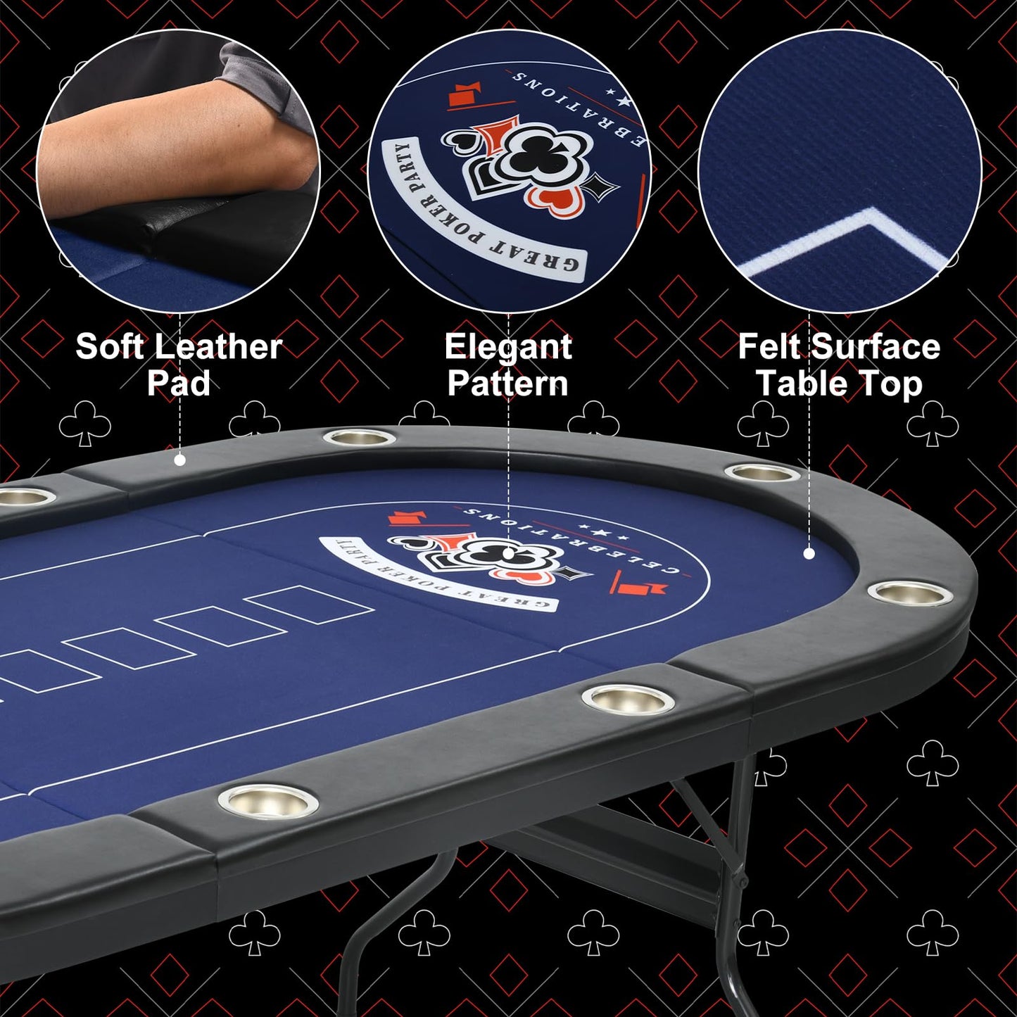 RAYKEEP 10 Player Poker Table Foldable, 84" Portable Casino Leisure Texas Holdem Table, Folding Game Table with Padded Rails and Cup Holders for Texas Card, Blackjack Board Game(Black)