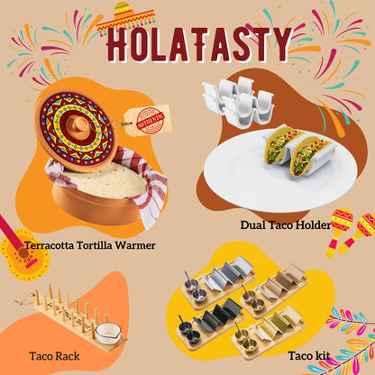 HolaTasty Taco Holder Kit - 2 Pack (Value Pack), 3-in-1 Taco Set of 2-6 slots for Tacos, Fancy Taco Presentation Rack Plate for Taco Tuesday Bar Party, Gifts for Taco Lover Cinco De Mayo Events - Gold