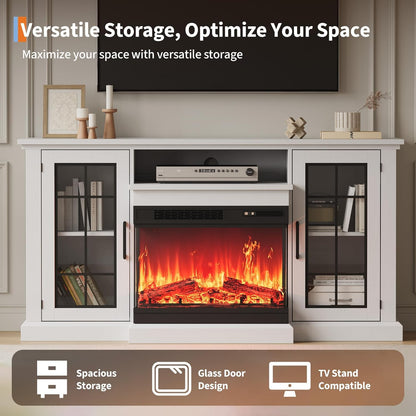 GAOMON 75" TV Stand & 40" 3 Sided Glass Electric Fireplace, 12 Colors LED Lights Flame, 750W/1500W for Max 85" TVs, 2 Tier Storage 2 Door Glass Cabinet