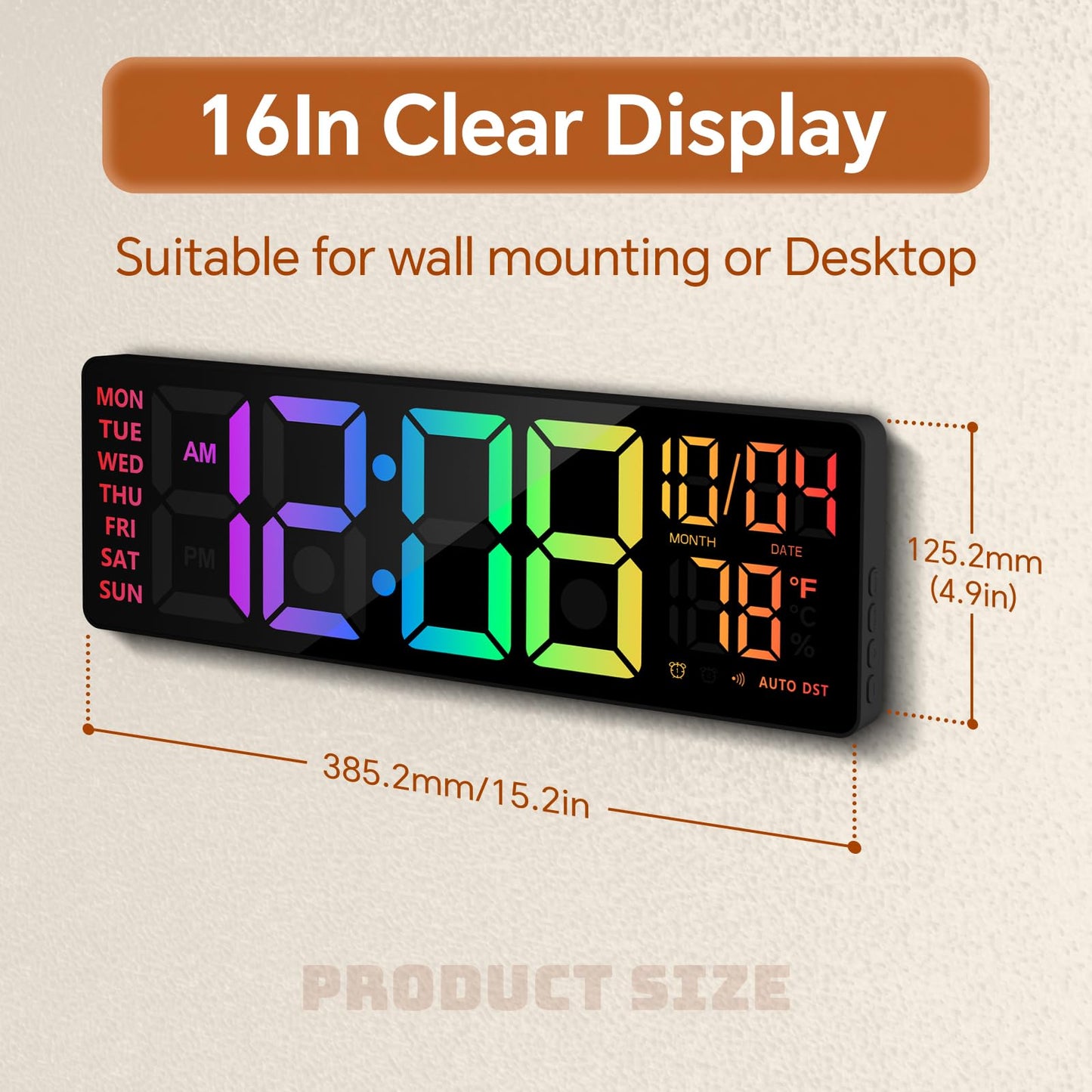 16" Digital Wall Clock with Night Light, Digital Clock with RGB Colors Changing Remote Control, Dual Alarm, Dimmer, Auto DST, Voice Control, Auto Time Sync, Clocks for Living Room, Gift for Elderly