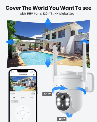 VIZIUUY Solar Security Cameras Wireless Outdoor, 3MP Pan/Tilt 360°View Solar/Battery Powered WiFi Camera with Color Night Vision/PIR Sensor/2-Way Audio/Alexa(3 Pack)