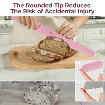 CoquusAid Upgrade Bread Knife for Homemade Bread, World‘s 1st Double Serrated Knife for Crusty Sourdough, 11.6 Inch Stainless Steel Bread Slicer, Professional Sourdough Cutter, Ideal for Gift, Pink