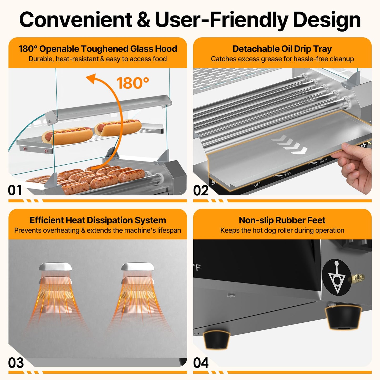 Seeutek Hot Dog Roller 5 Rollers 18 Hot Dogs Capacity 1100W Stainless Hot Dog Toaster, Hot Dog Machine W/Dual Temperature Control Glass Hood Acrylic Cover Warmer Shelf Removable Oil Drip Tray