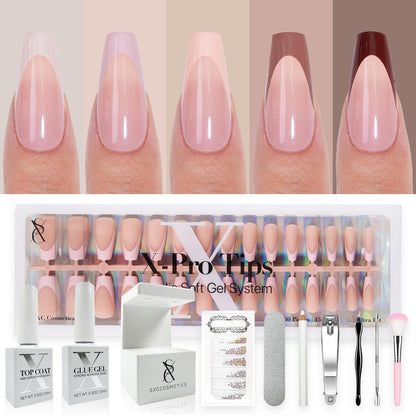 SXC Cosmetics French Tip Press On Nails - Skin Tone Nude and Color Series, Short Coffin X-Pro Tips Starter Kit ST119KIT