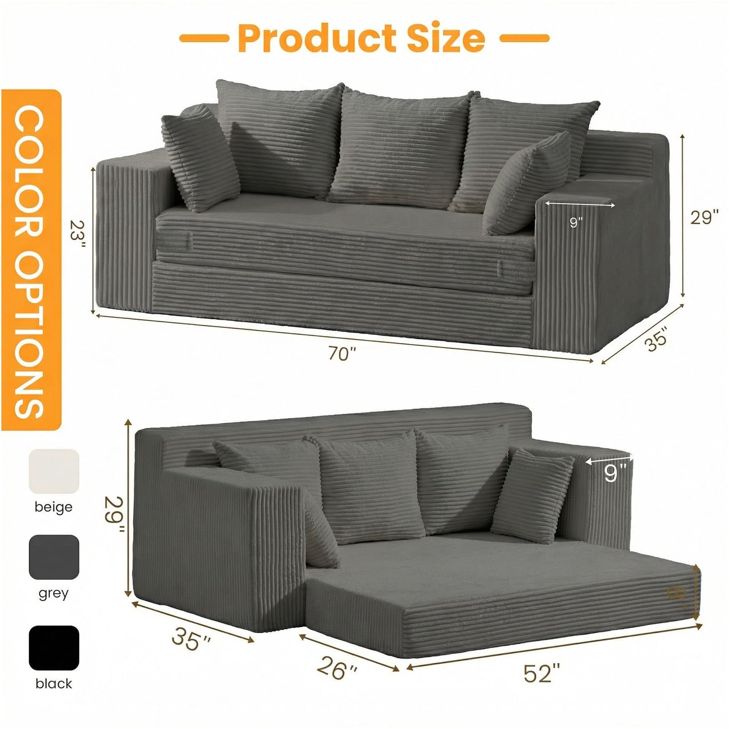 Winzoo Oversized Boneless Loveseat, 3 Seater Pull Out Convertible Sofa Bed, 70" Gray Boneless Couch Fold Out Floor Couch Sleeper Sofa with 5 Pillows for Living Room Bedroom Lounge Small Space