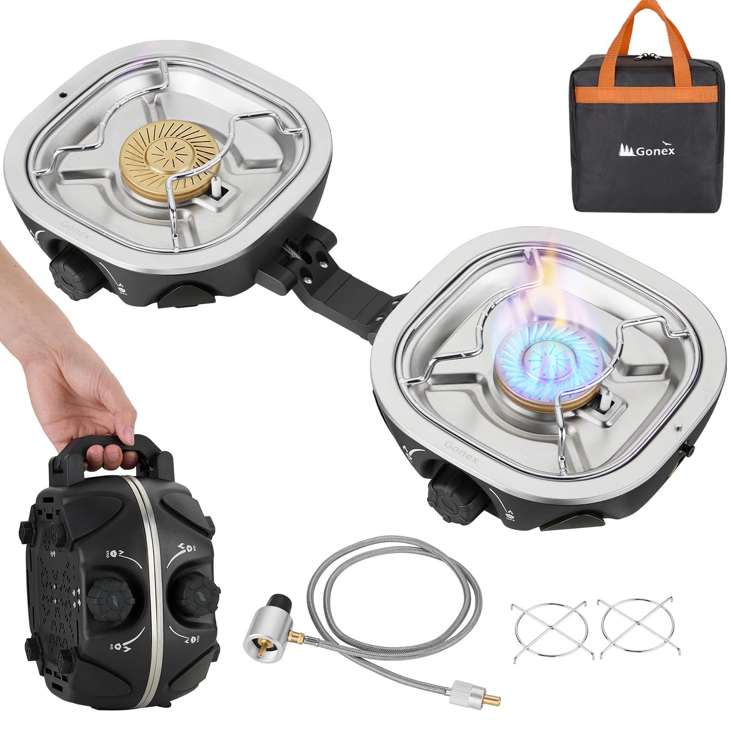 Gonex AeroFlame Dual Burner 20,000 BTUs Propane Camping Stove with Precision Flame Control & Removable Pot Stands, Portable Folding Camp Stove for Camping, Hiking, Patio, BBQ(Black)