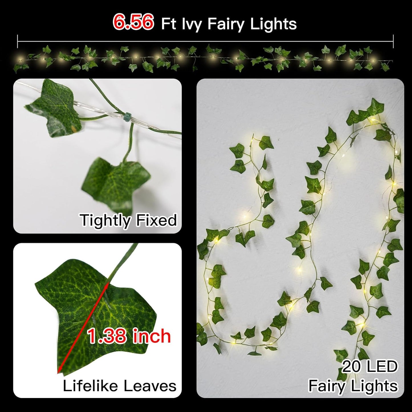 20 6.56FT suddus Fake Vines with Lights Battery Operated, LED Ivy Garland Fairy Lights with Timer, Leaf String Lights