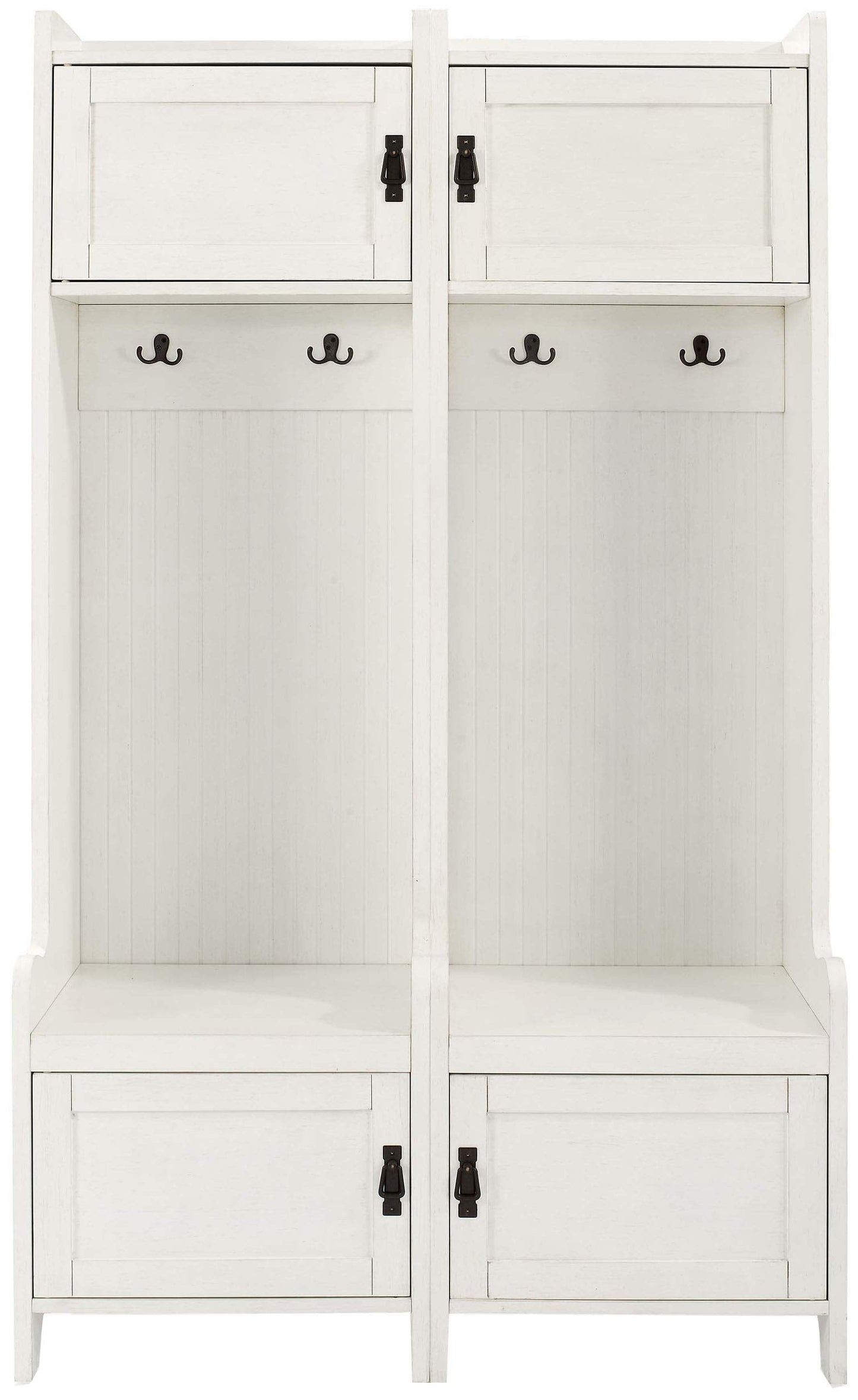 Crosley Furniture Fremont 2-Piece Hall Tree Entryway Set with Storage Cabinets and Coat Rack Hooks, Distressed White