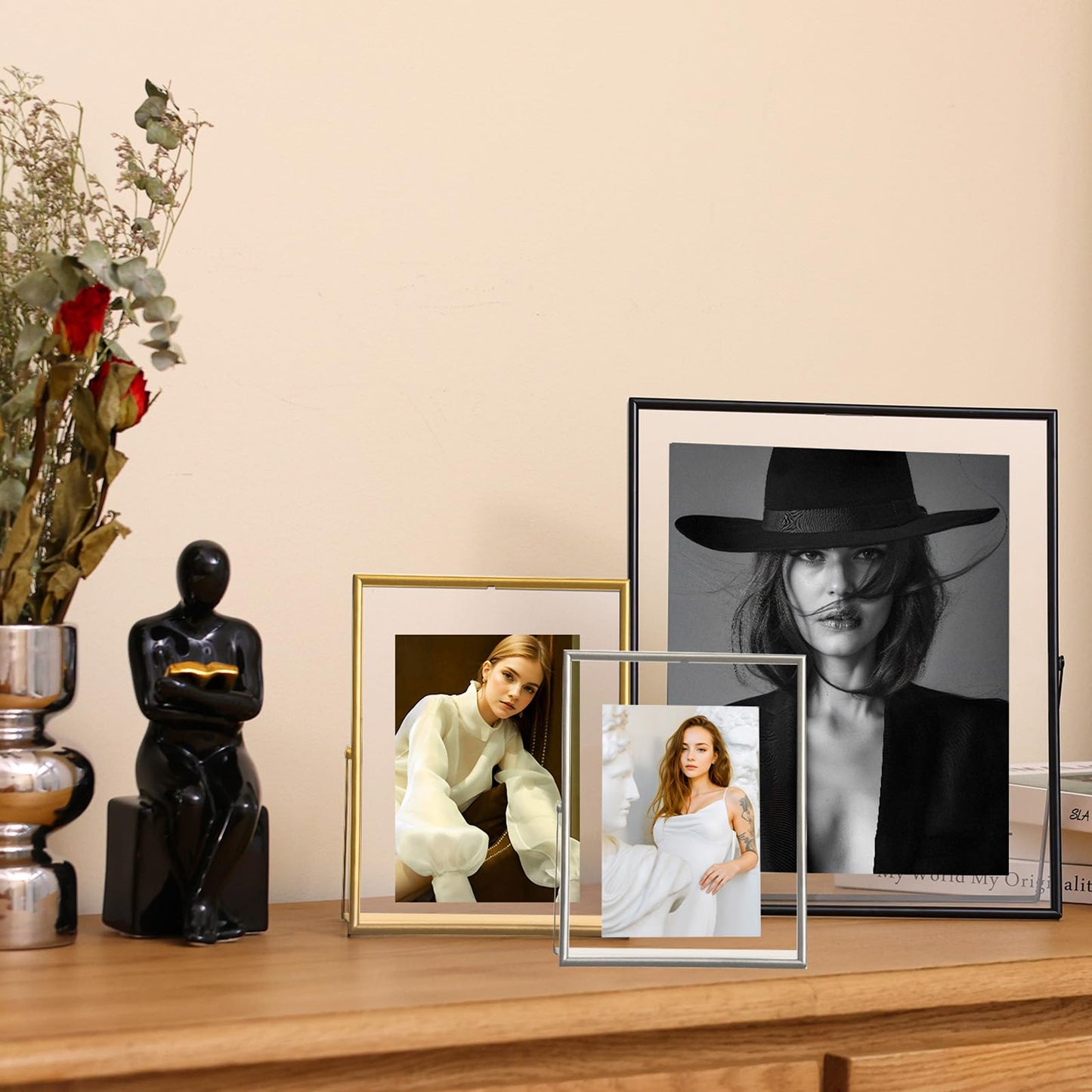 IZIDDO 5x7 Gold Floating Frame, 7"x9" Metal Frame For Picture 5x7,4x6,3.5x5 Wall Mount or Tabletop Shelf Photo Frames, Double Sided Display Picture Frame Acrylic Sign Holder for Wedding,Office Decor