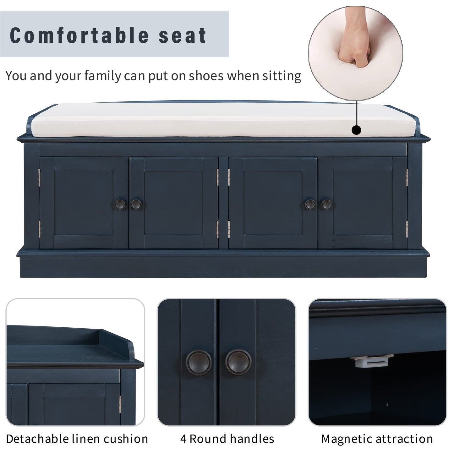 Merax Farmhouse Solid Wood Storage Bench with 4 Doors and Seat Cushion Shoe Cabinets for Entryway Hallway Front Door Antique Navy
