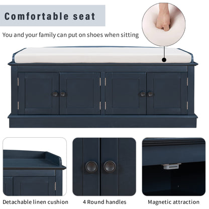 Merax Farmhouse Solid Wood Storage Bench with 4 Doors and Seat Cushion Shoe Cabinets for Entryway Hallway Front Door Antique Navy